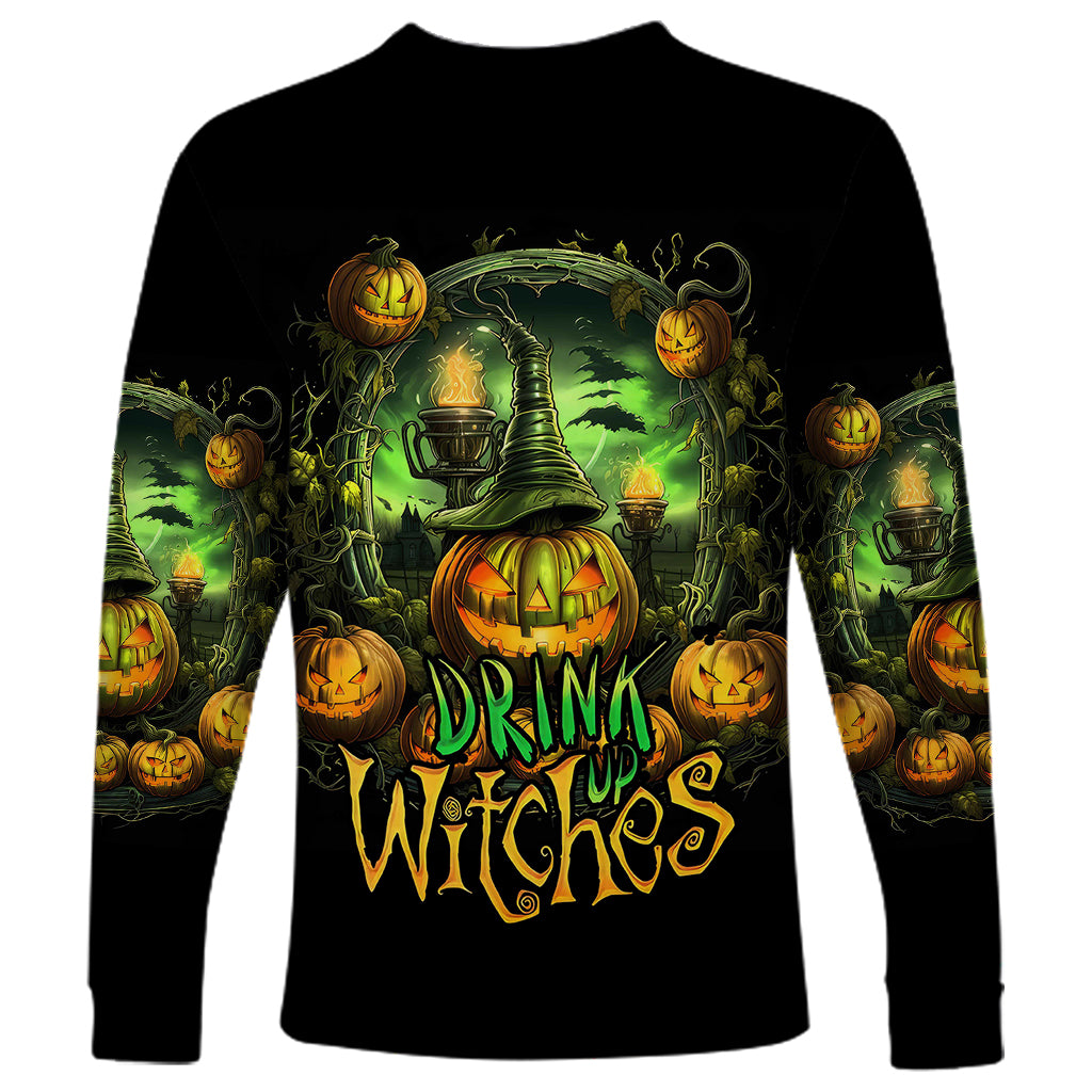 Pumpkin Skull Long Sleeve Shirt Drink Up Witches - Wonder Print Shop