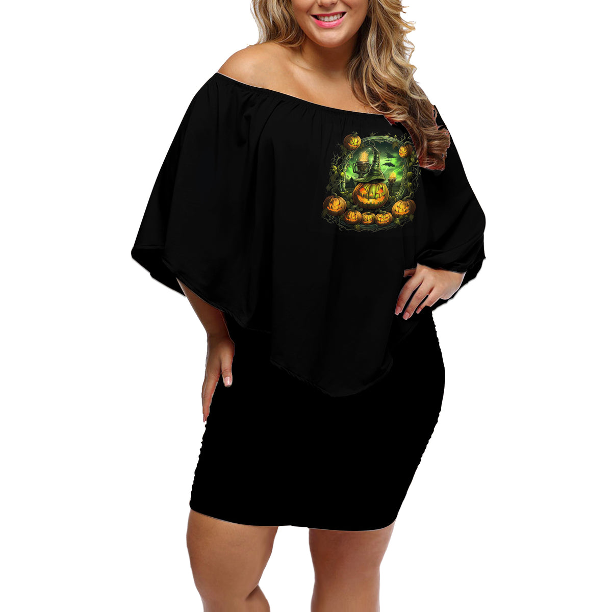 Pumpkin Skull Off Shoulder Short Dress Drink Up Witches - Wonder Print Shop