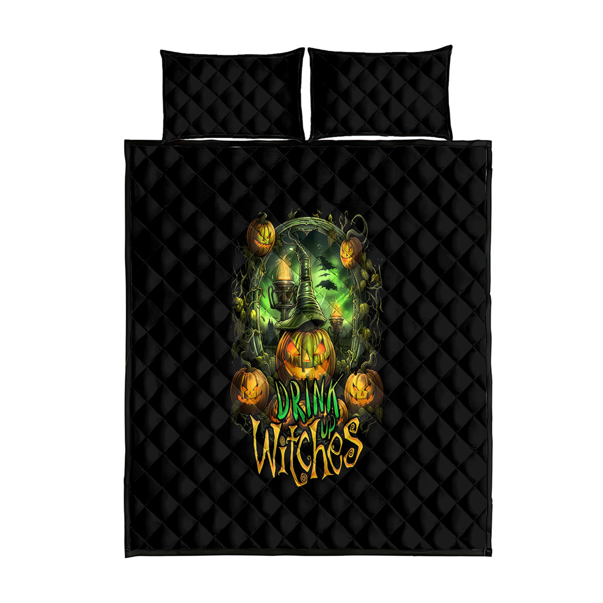 Pumpkin Skull Quilt Bed Set Drink Up Witches - Wonder Print Shop