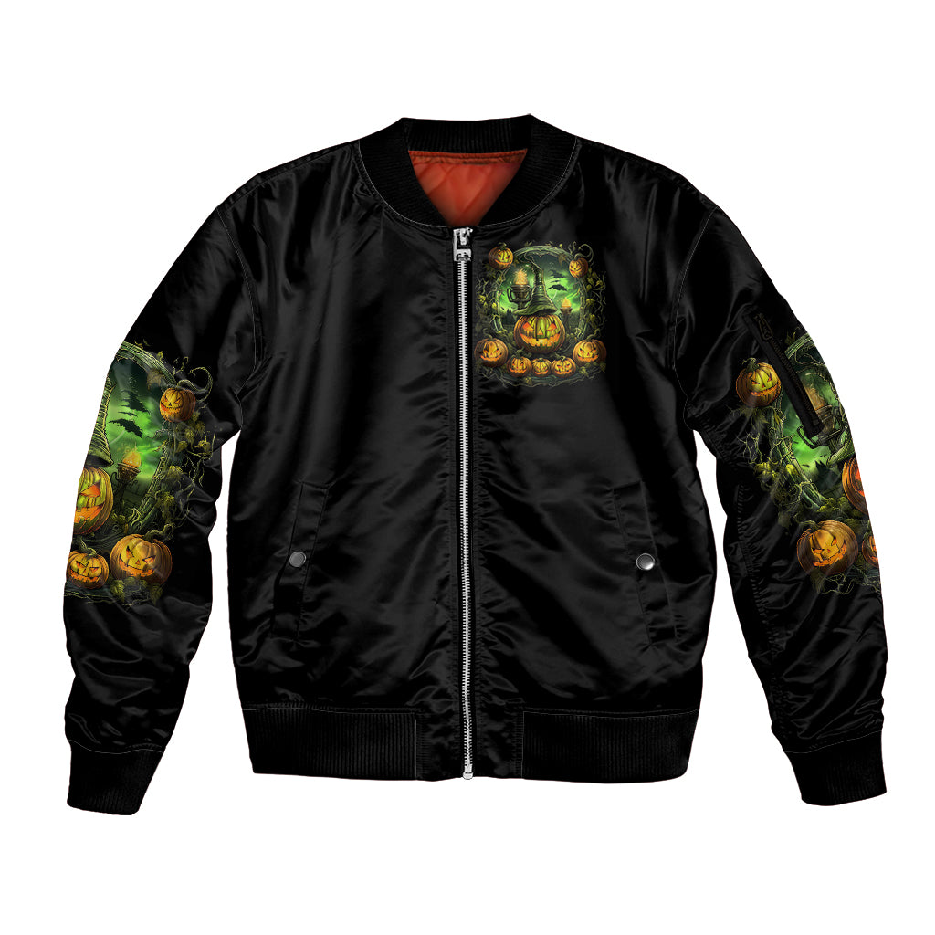 Pumpkin Skull Sleeve Zip Bomber Jacket Drink Up Witches - Wonder Print Shop