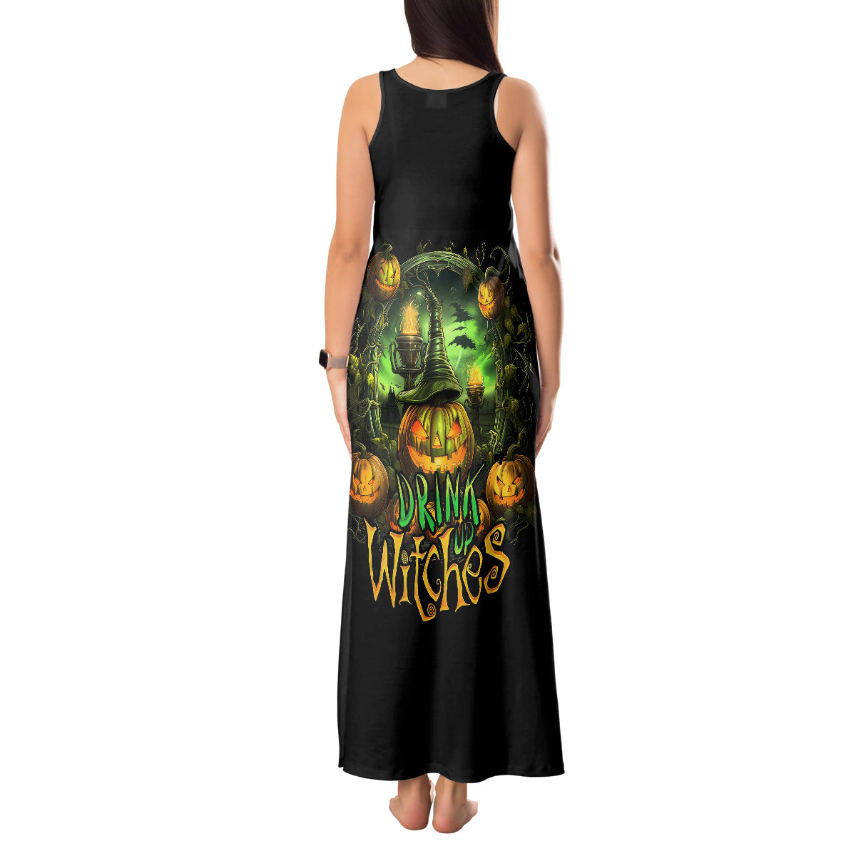 Pumpkin Skull Tank Maxi Dress Drink Up Witches - Wonder Print Shop