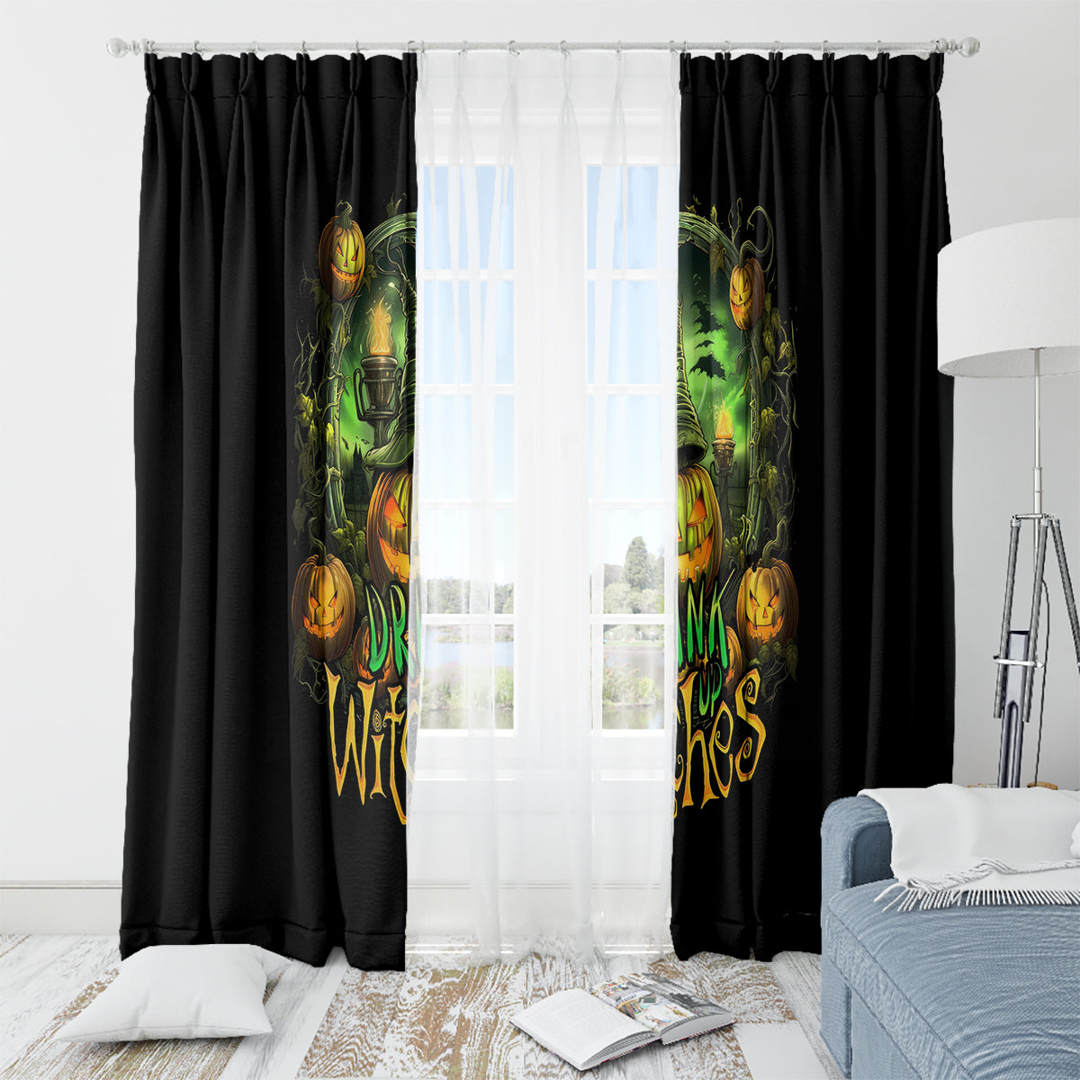 Pumpkin Skull Window Curtain Drink Up Witches - Wonder Print Shop