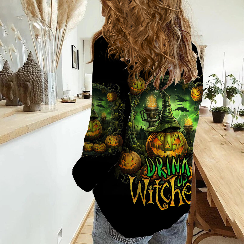 Pumpkin Skull Women Casual Shirt Drink Up Witches - Wonder Print Shop
