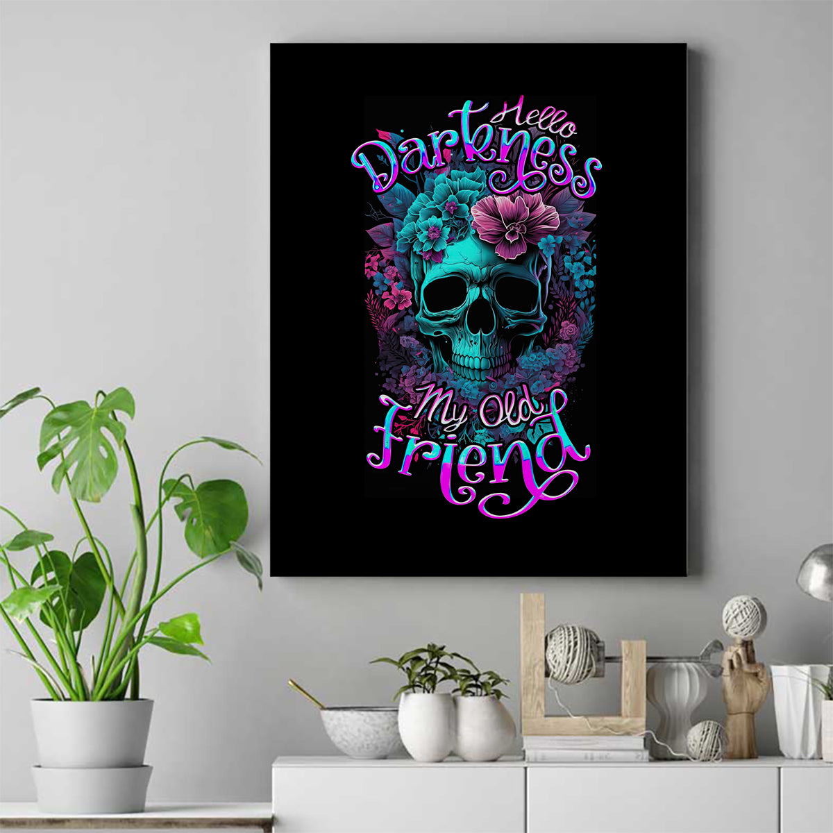 Flower Skull Canvas Wall Art Hello Darkness My Old Friend - Wonder Print Shop