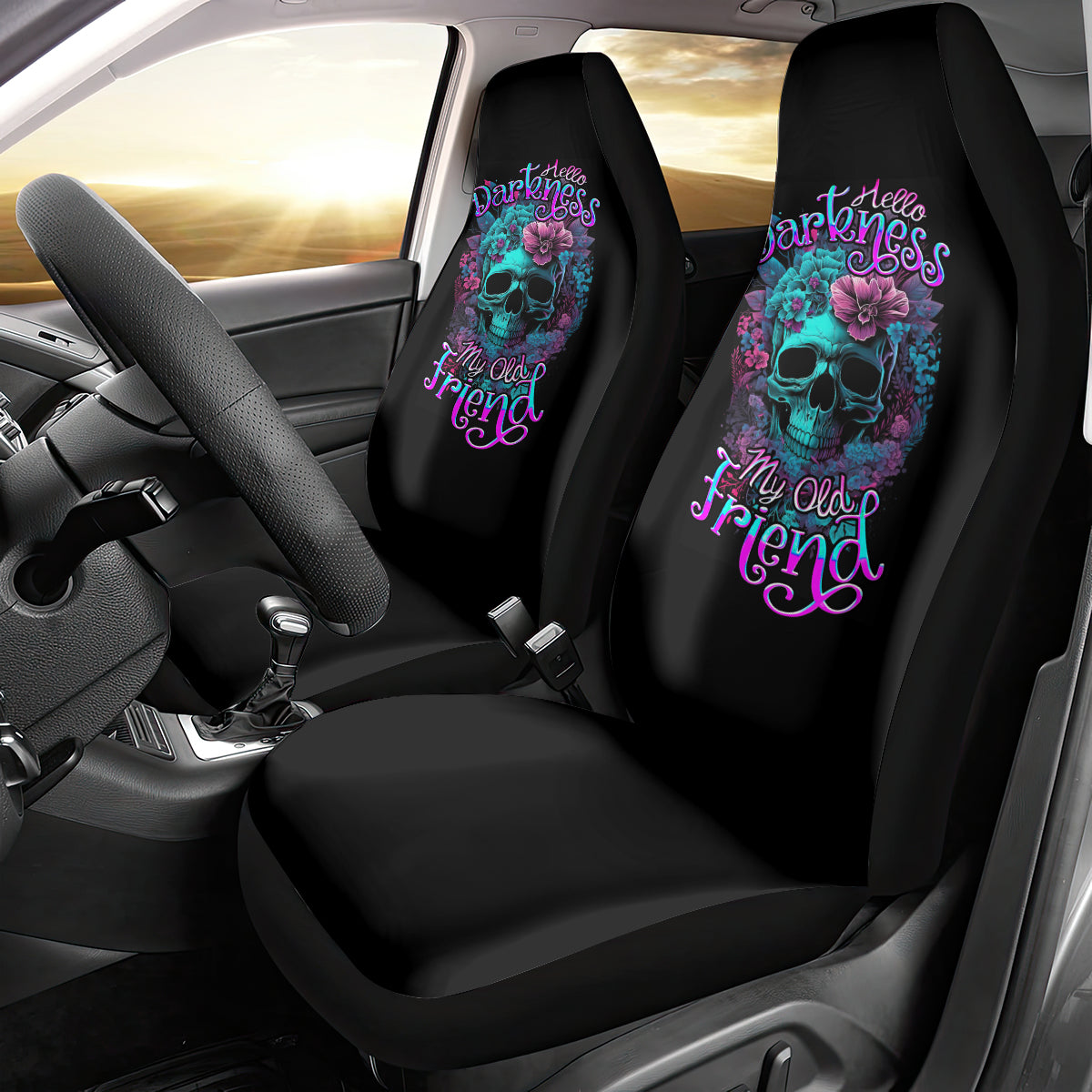 Flower Skull Car Seat Cover Hello Darkness My Old Friend - Wonder Print Shop