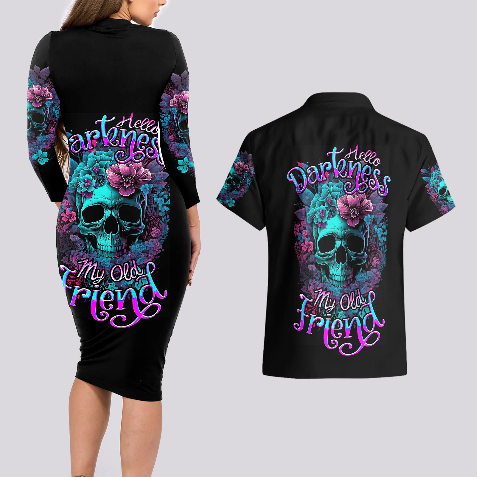 Flower Skull Couples Matching Long Sleeve Bodycon Dress and Hawaiian Shirt Hello Darkness My Old Friend - Wonder Print Shop