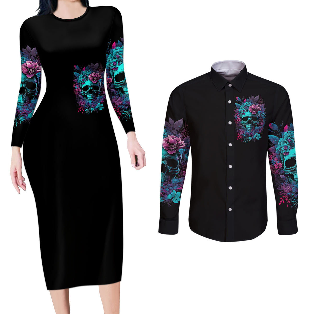 Flower Skull Couples Matching Long Sleeve Bodycon Dress and Long Sleeve Button Shirts Hello Darkness My Old Friend - Wonder Print Shop