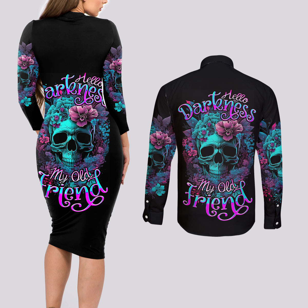 Flower Skull Couples Matching Long Sleeve Bodycon Dress and Long Sleeve Button Shirts Hello Darkness My Old Friend - Wonder Print Shop