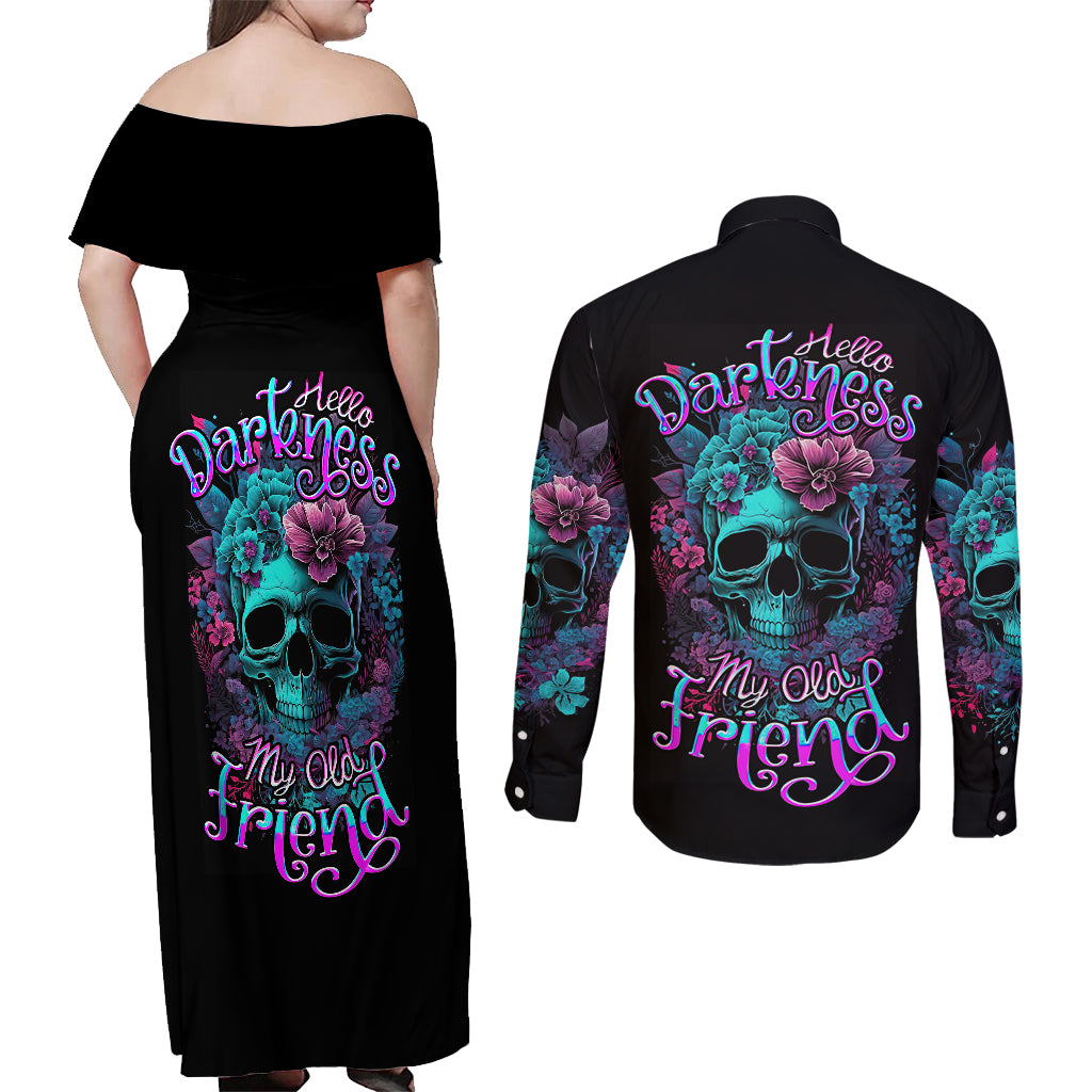 Flower Skull Couples Matching Off Shoulder Maxi Dress and Long Sleeve Button Shirts Hello Darkness My Old Friend - Wonder Print Shop