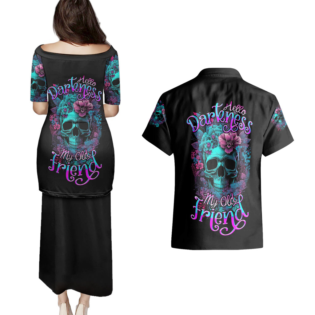 Flower Skull Couples Matching Puletasi Dress and Hawaiian Shirt Hello Darkness My Old Friend - Wonder Print Shop