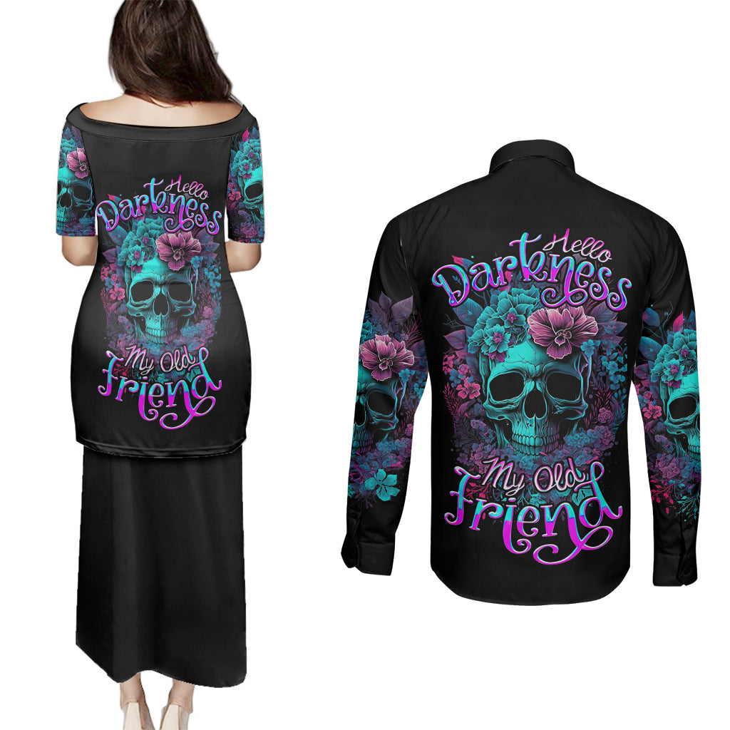 Flower Skull Couples Matching Puletasi Dress and Long Sleeve Button Shirts Hello Darkness My Old Friend - Wonder Print Shop