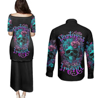 Flower Skull Couples Matching Puletasi Dress and Long Sleeve Button Shirts Hello Darkness My Old Friend - Wonder Print Shop