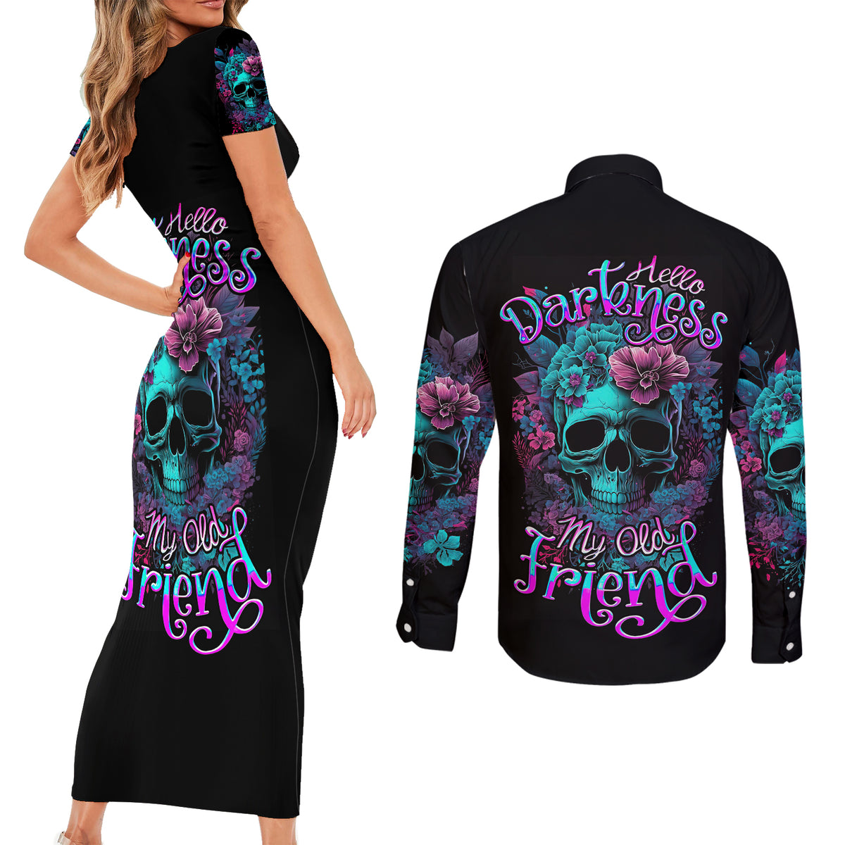 Flower Skull Couples Matching Short Sleeve Bodycon Dress and Long Sleeve Button Shirts Hello Darkness My Old Friend - Wonder Print Shop