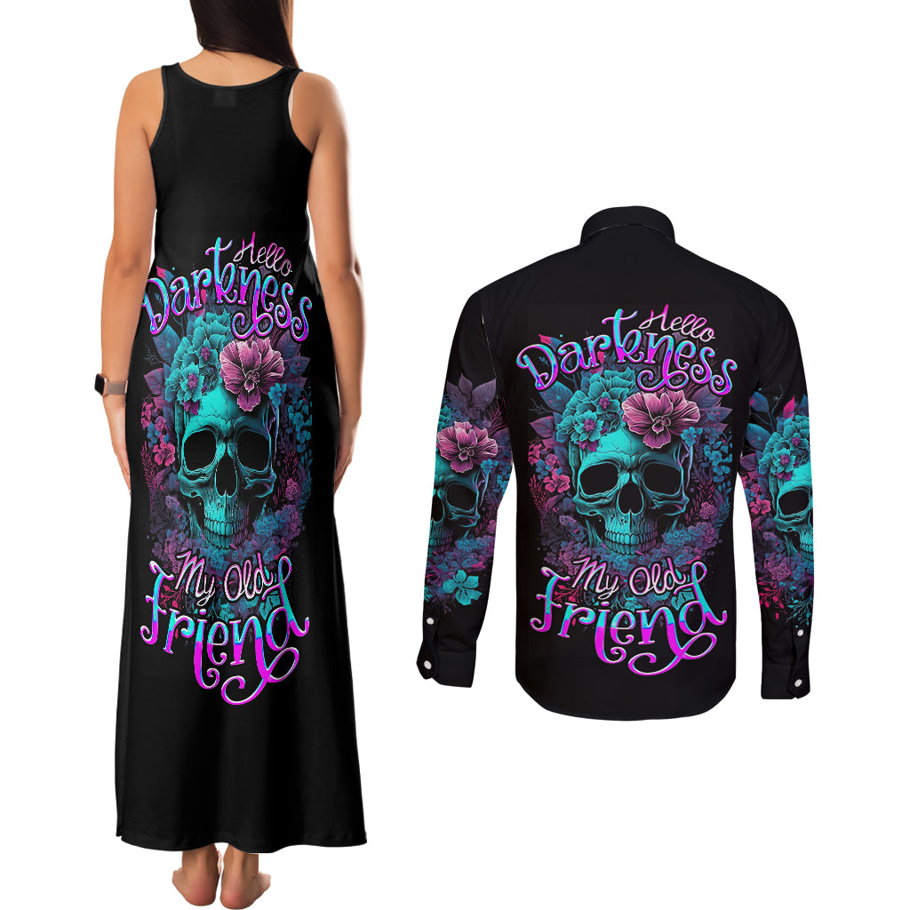 Flower Skull Couples Matching Tank Maxi Dress and Long Sleeve Button Shirts Hello Darkness My Old Friend - Wonder Print Shop