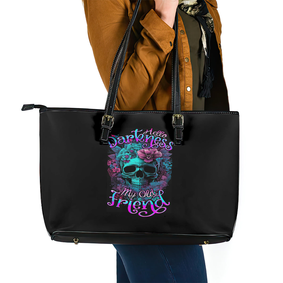 Flower Skull Leather Tote Bag Hello Darkness My Old Friend - Wonder Print Shop