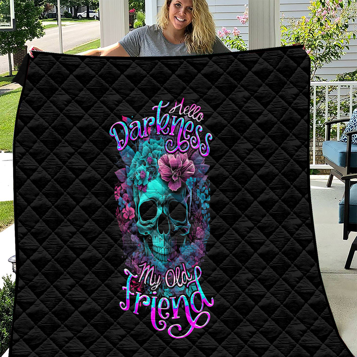 Flower Skull Quilt Hello Darkness My Old Friend - Wonder Print Shop