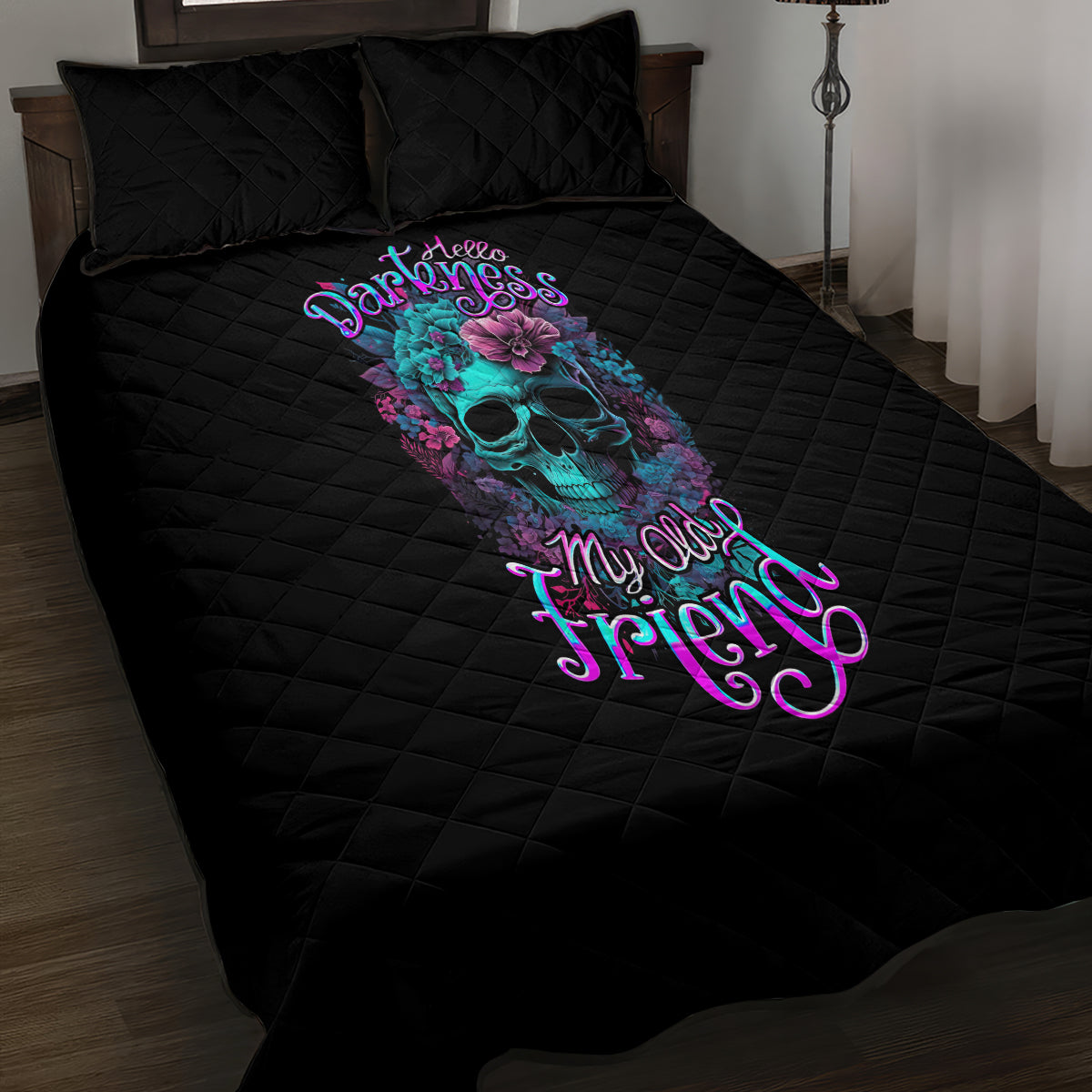 Flower Skull Quilt Bed Set Hello Darkness My Old Friend - Wonder Print Shop