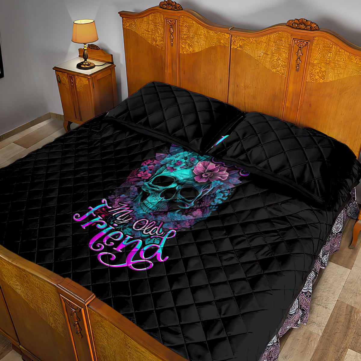 Flower Skull Quilt Bed Set Hello Darkness My Old Friend - Wonder Print Shop