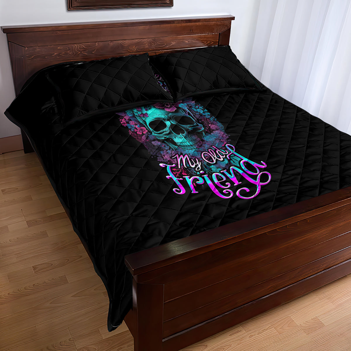 Flower Skull Quilt Bed Set Hello Darkness My Old Friend - Wonder Print Shop
