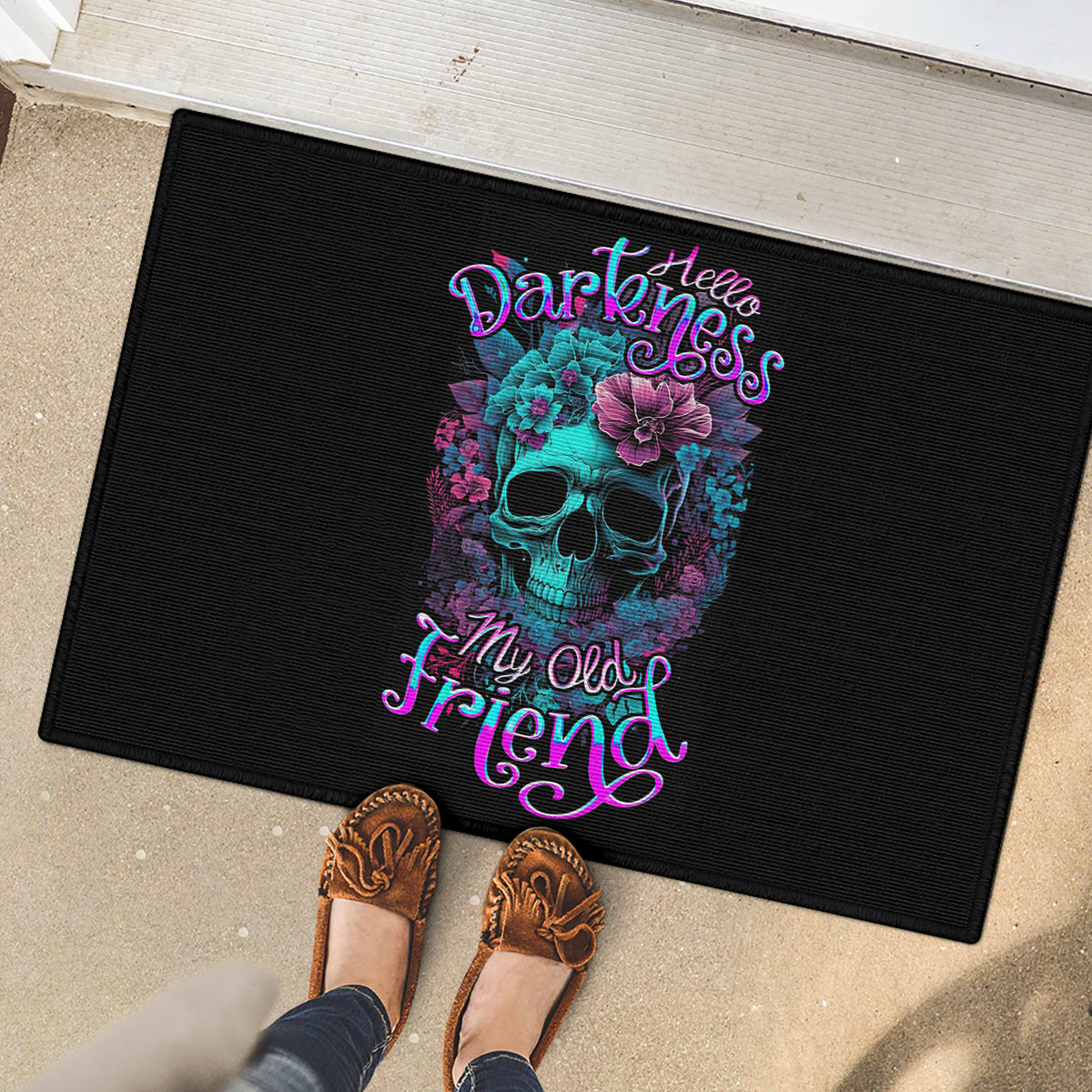 Flower Skull Rubber Doormat Hello Darkness My Old Friend - Wonder Print Shop