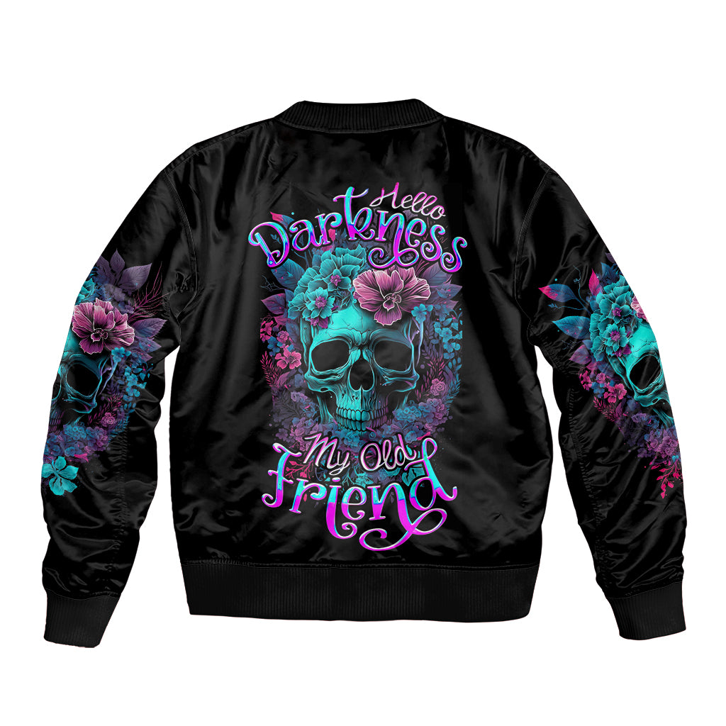 Flower Skull Sleeve Zip Bomber Jacket Hello Darkness My Old Friend - Wonder Print Shop
