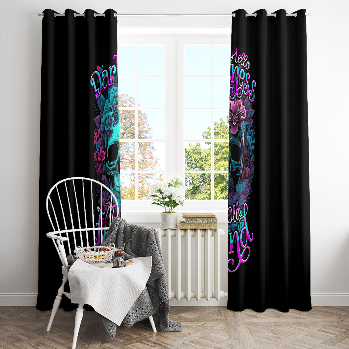 Flower Skull Window Curtain Hello Darkness My Old Friend - Wonder Print Shop