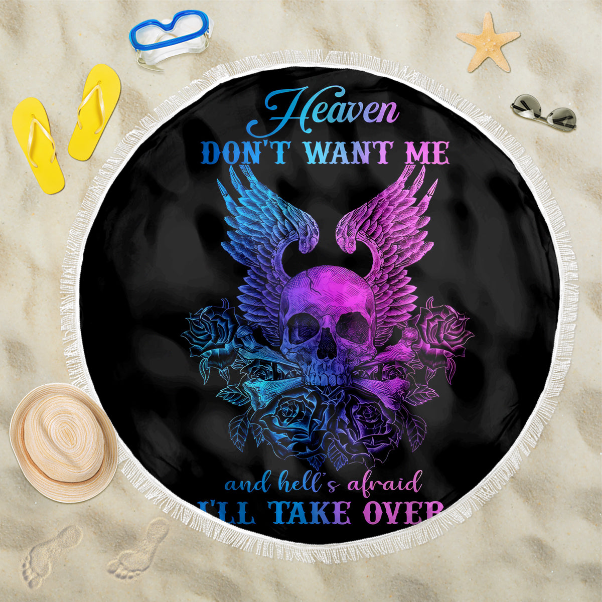 Wings Skull Beach Blanket Heaven Don't Want Me Hell Afraid I Take Over - Wonder Print Shop