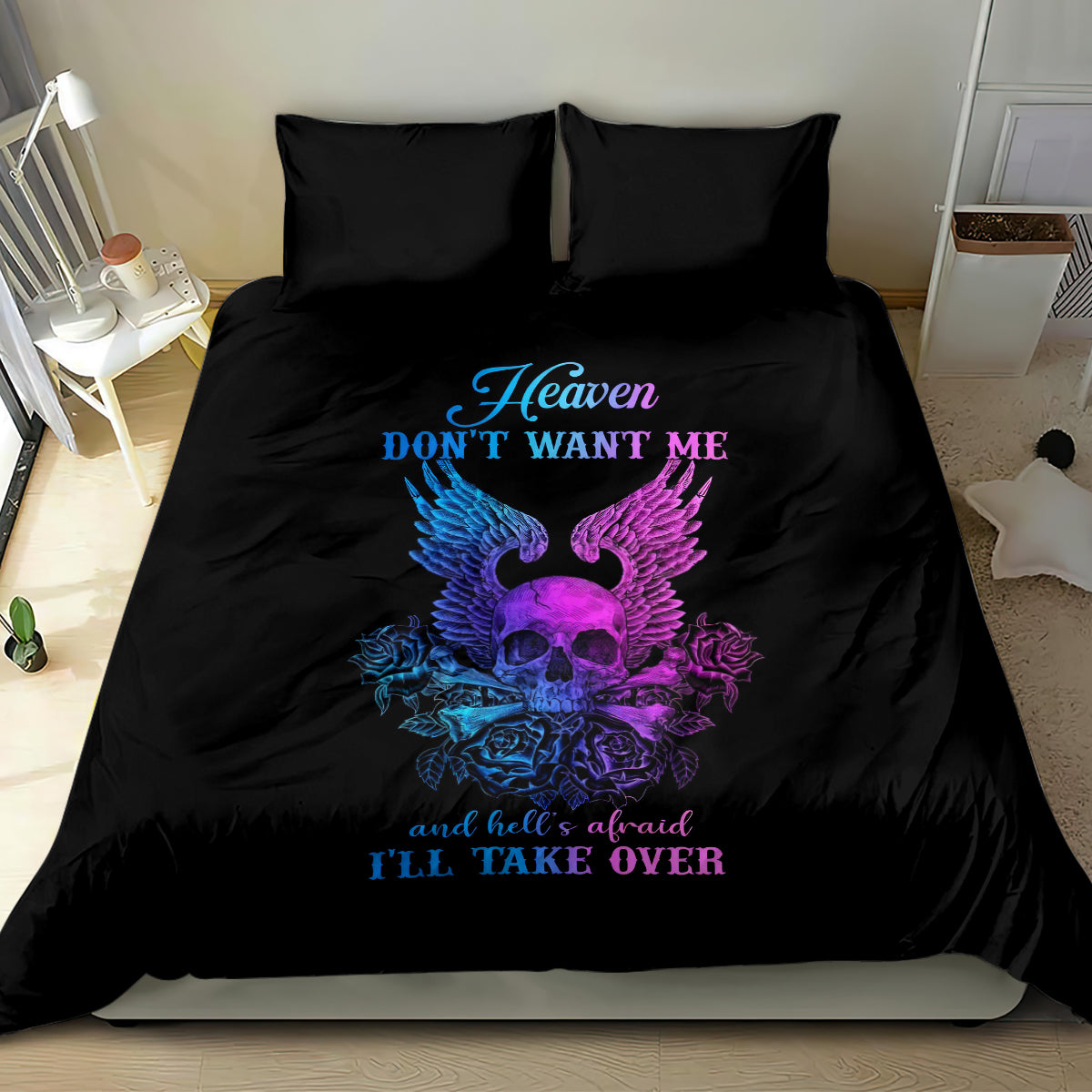 Wings Skull Bedding Set Heaven Don't Want Me Hell Afraid I Take Over - Wonder Print Shop