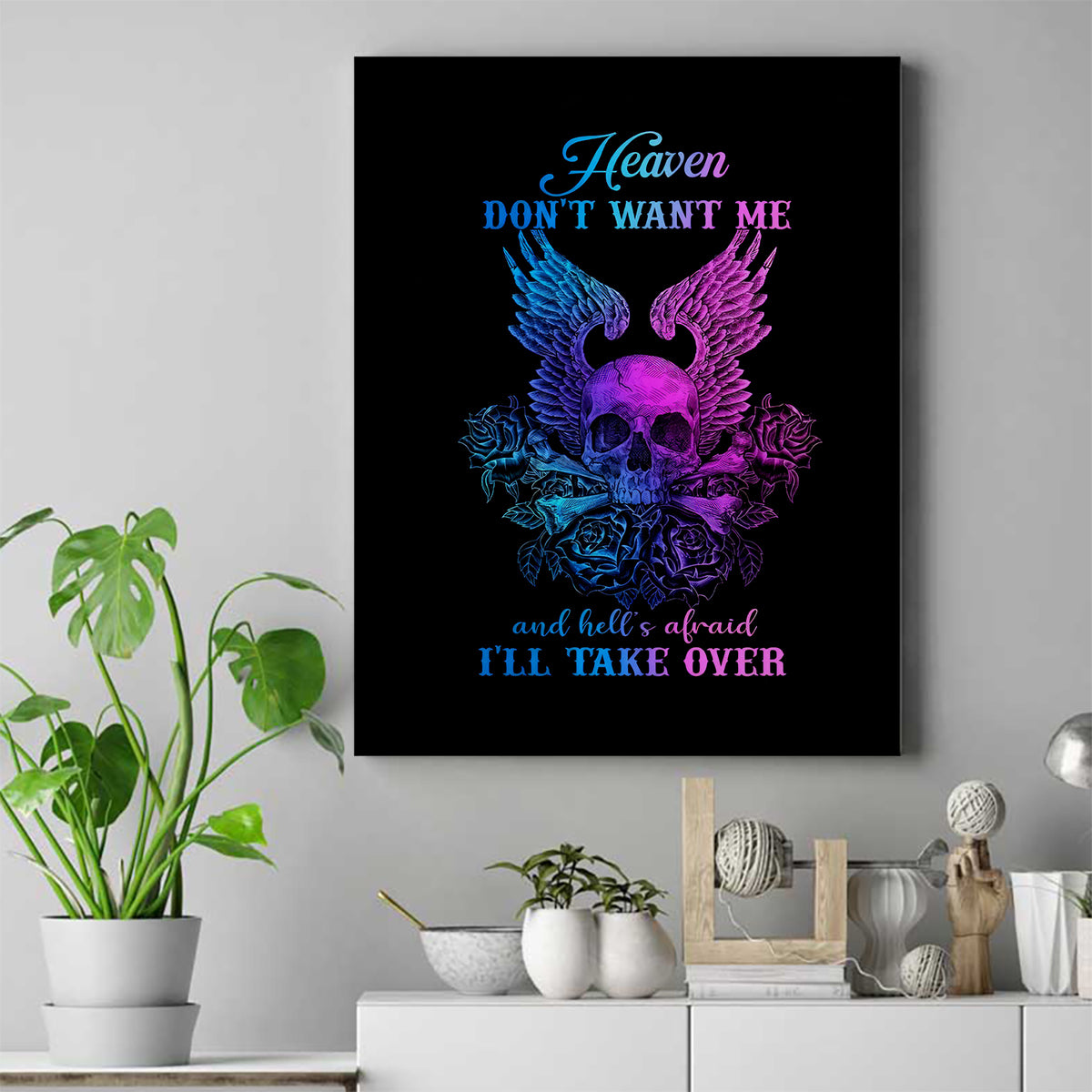 Wings Skull Canvas Wall Art Heaven Don't Want Me Hell Afraid I Take Over - Wonder Print Shop