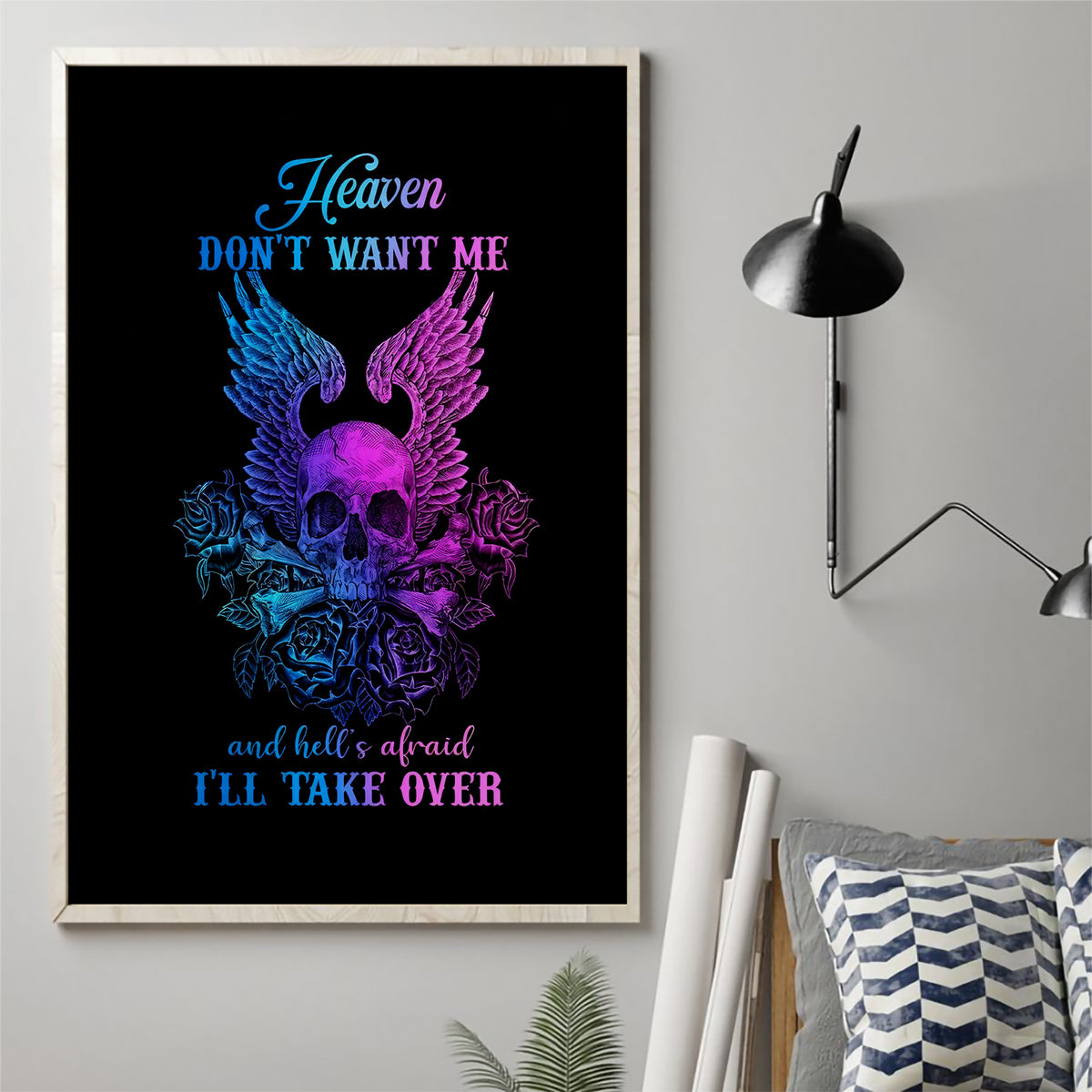 Wings Skull Canvas Wall Art Heaven Don't Want Me Hell Afraid I Take Over - Wonder Print Shop
