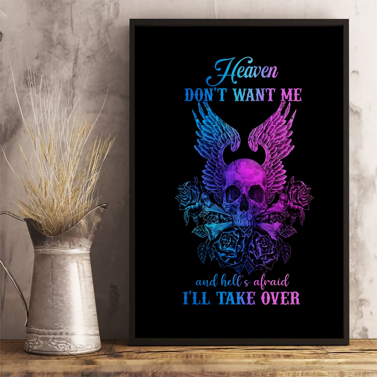 Wings Skull Canvas Wall Art Heaven Don't Want Me Hell Afraid I Take Over - Wonder Print Shop