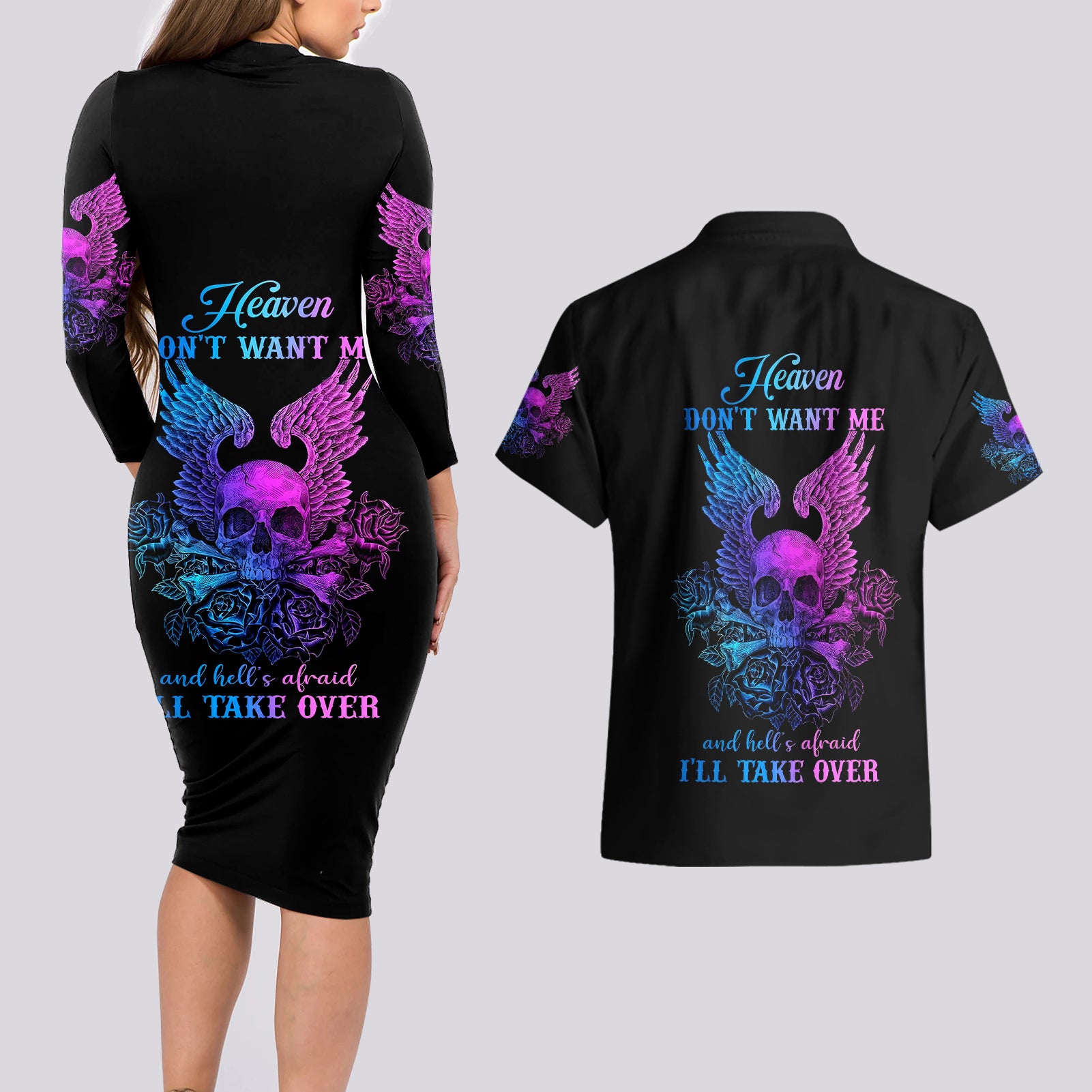 Wings Skull Couples Matching Long Sleeve Bodycon Dress and Hawaiian Shirt Heaven Don't Want Me Hell Afraid I Take Over - Wonder Print Shop