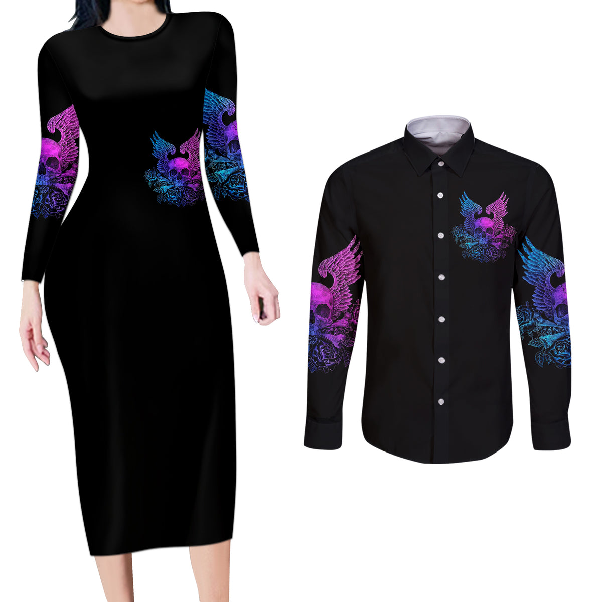 Wings Skull Couples Matching Long Sleeve Bodycon Dress and Long Sleeve Button Shirts Heaven Don't Want Me Hell Afraid I Take Over - Wonder Print Shop