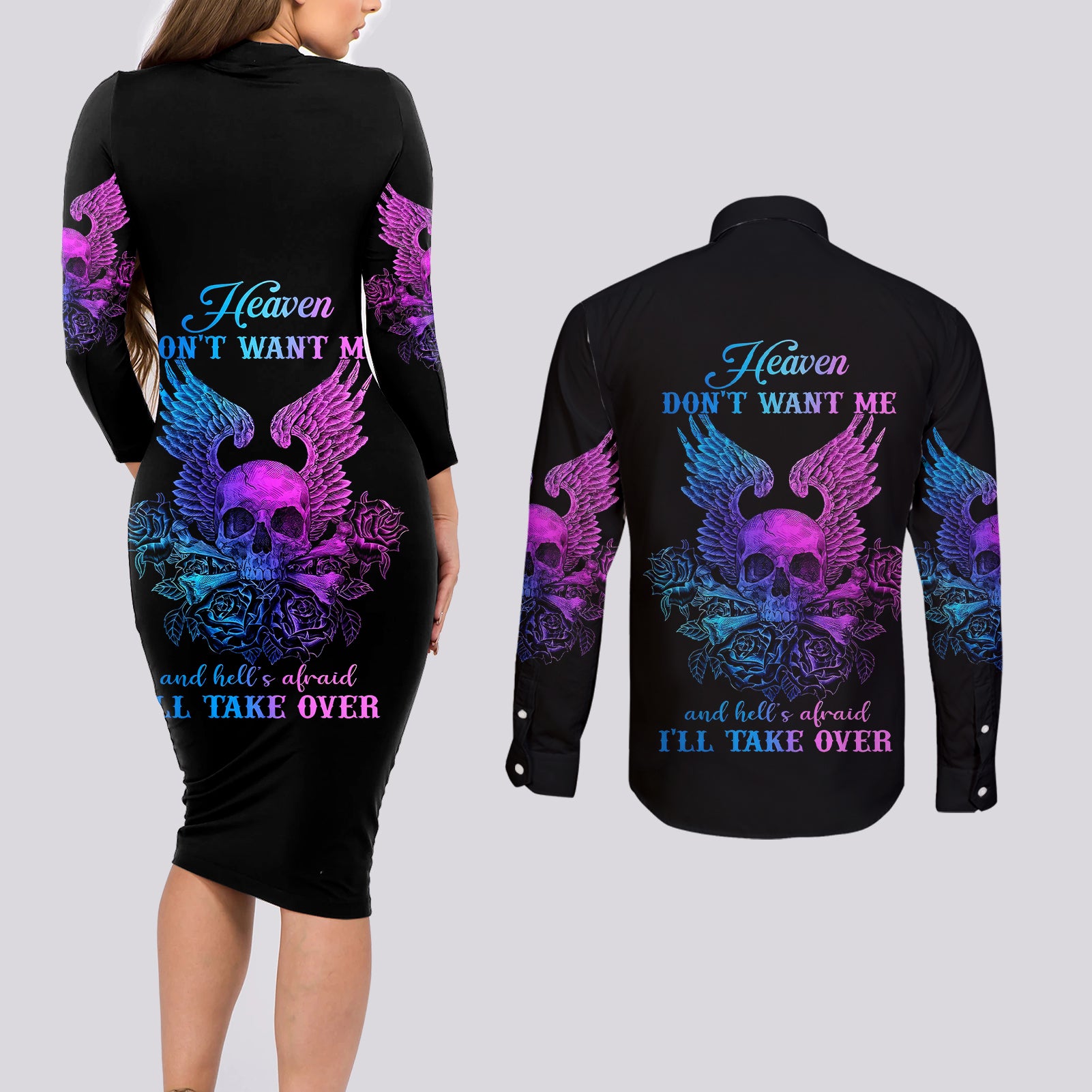 Wings Skull Couples Matching Long Sleeve Bodycon Dress and Long Sleeve Button Shirts Heaven Don't Want Me Hell Afraid I Take Over - Wonder Print Shop
