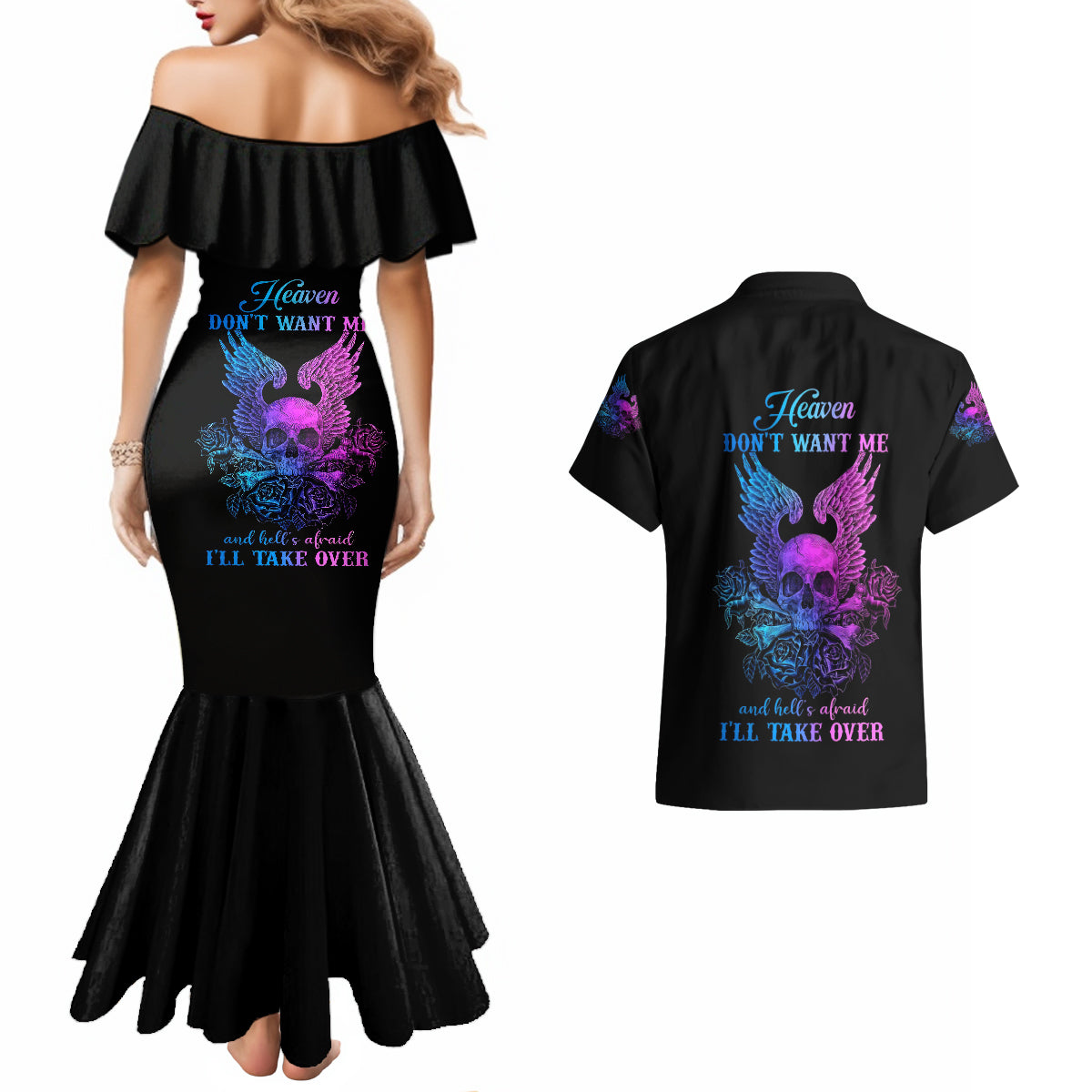 Wings Skull Couples Matching Mermaid Dress and Hawaiian Shirt Heaven Don't Want Me Hell Afraid I Take Over - Wonder Print Shop