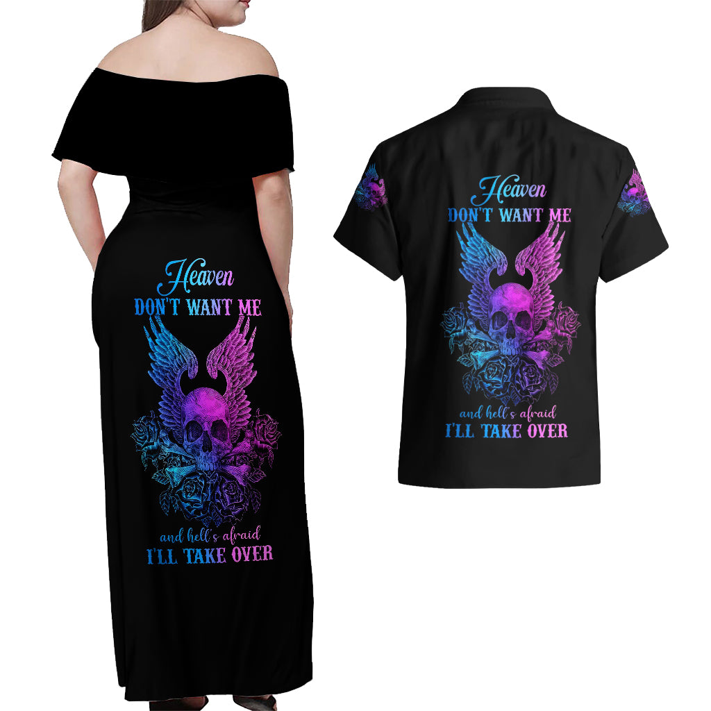 Wings Skull Couples Matching Off Shoulder Maxi Dress and Hawaiian Shirt Heaven Don't Want Me Hell Afraid I Take Over - Wonder Print Shop