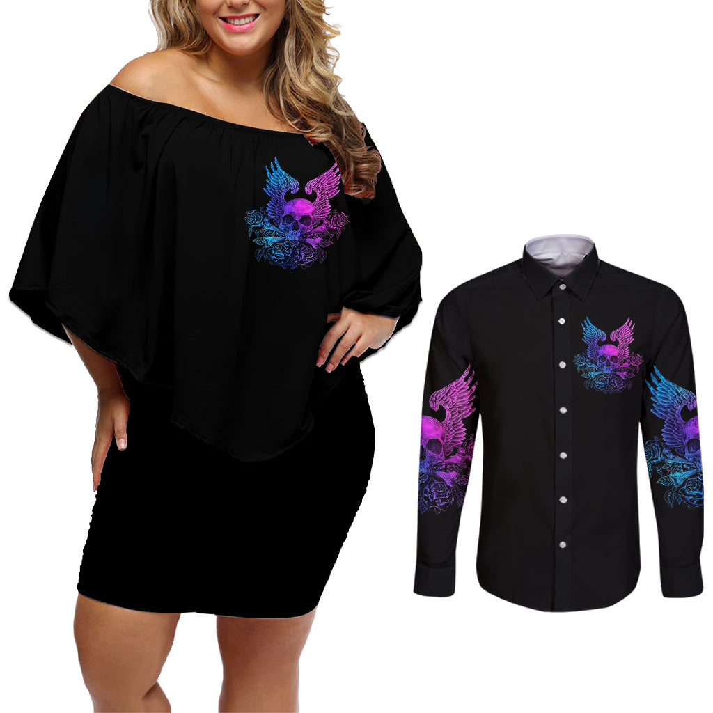 Wings Skull Couples Matching Off Shoulder Short Dress and Long Sleeve Button Shirts Heaven Don't Want Me Hell Afraid I Take Over - Wonder Print Shop