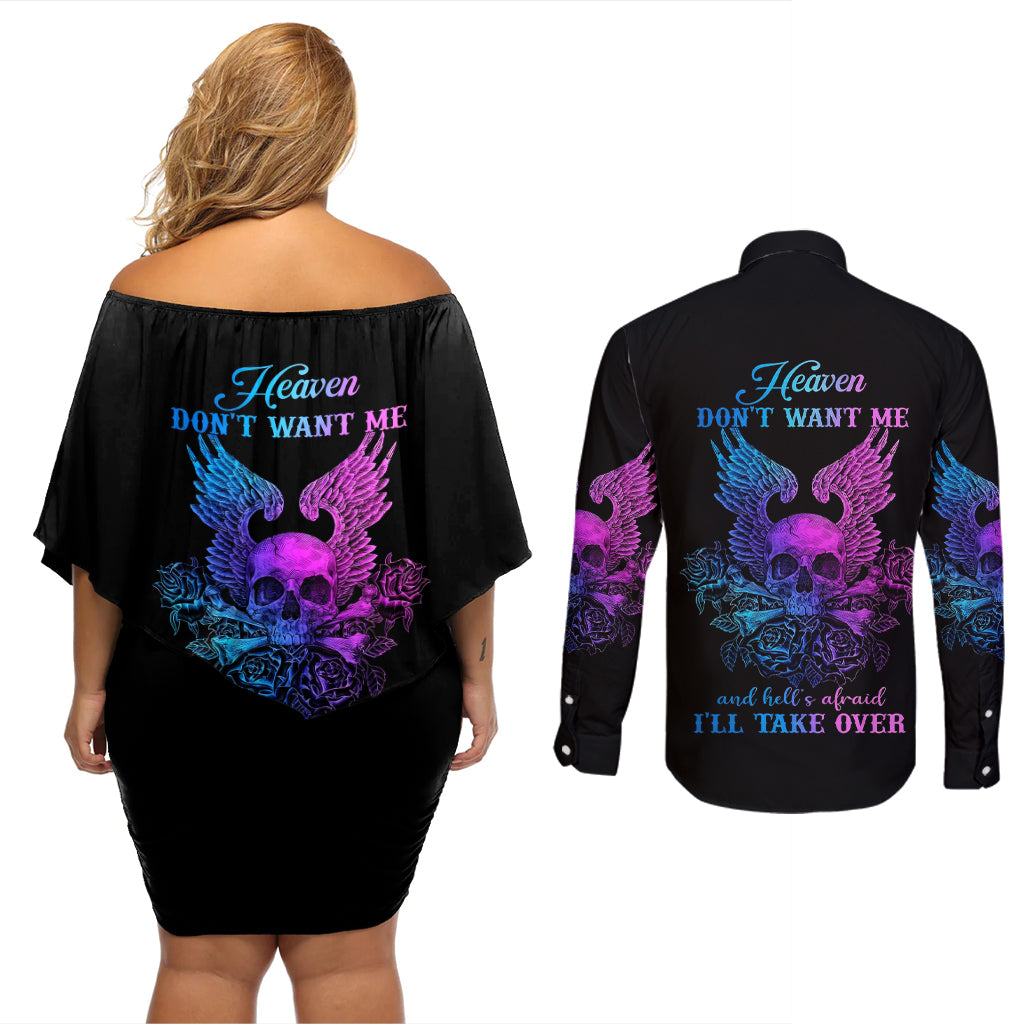Wings Skull Couples Matching Off Shoulder Short Dress and Long Sleeve Button Shirts Heaven Don't Want Me Hell Afraid I Take Over - Wonder Print Shop