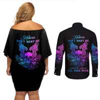 Wings Skull Couples Matching Off Shoulder Short Dress and Long Sleeve Button Shirts Heaven Don't Want Me Hell Afraid I Take Over - Wonder Print Shop