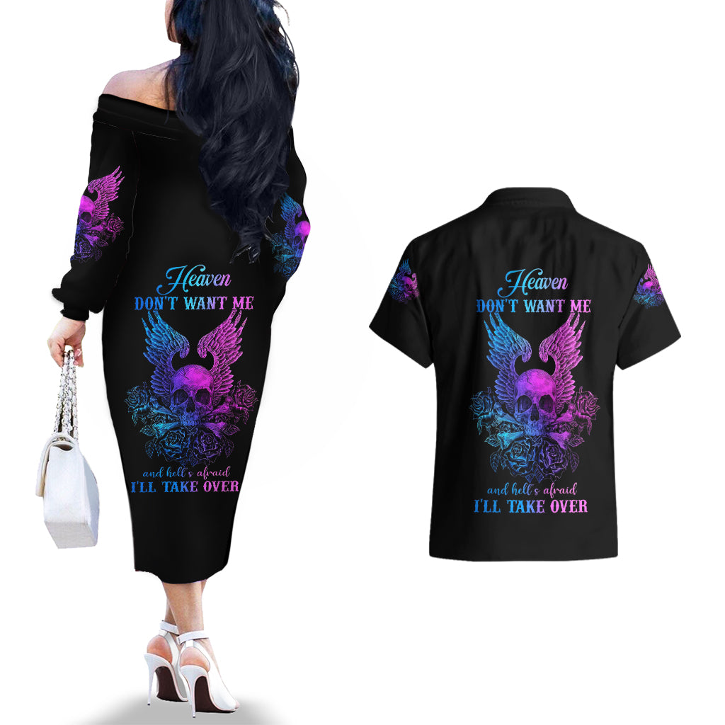Wings Skull Couples Matching Off The Shoulder Long Sleeve Dress and Hawaiian Shirt Heaven Don't Want Me Hell Afraid I Take Over - Wonder Print Shop
