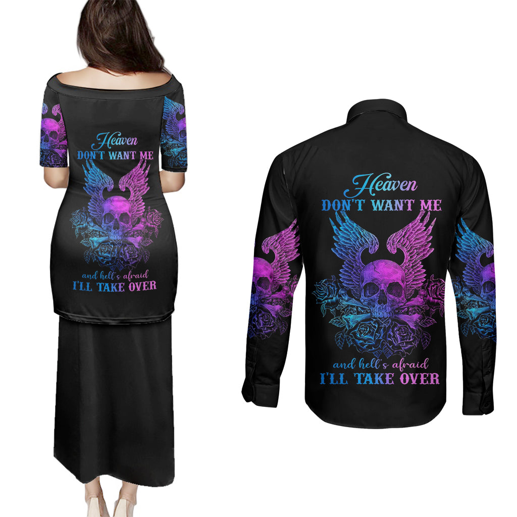Wings Skull Couples Matching Puletasi Dress and Long Sleeve Button Shirts Heaven Don't Want Me Hell Afraid I Take Over - Wonder Print Shop