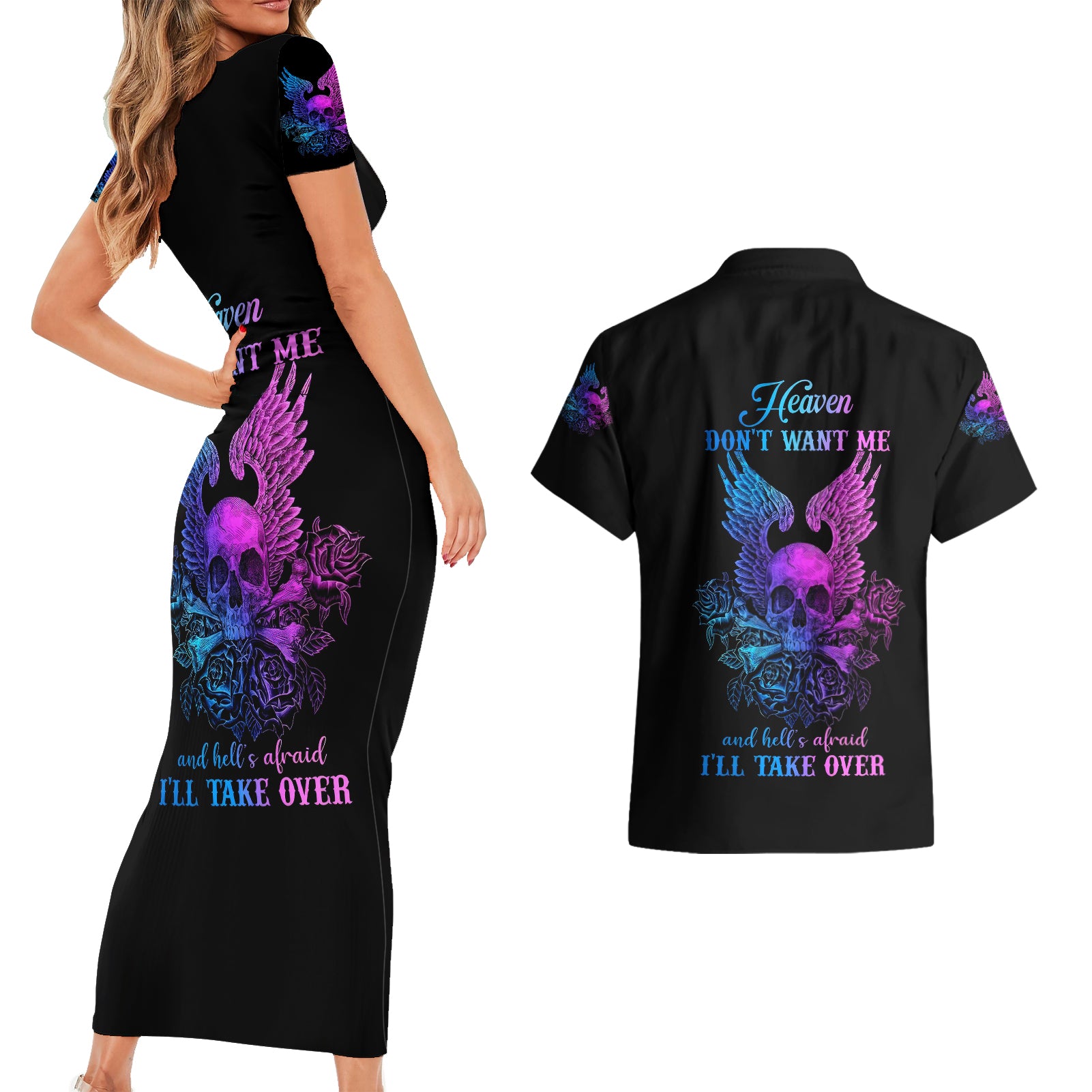Wings Skull Couples Matching Short Sleeve Bodycon Dress and Hawaiian Shirt Heaven Don't Want Me Hell Afraid I Take Over - Wonder Print Shop