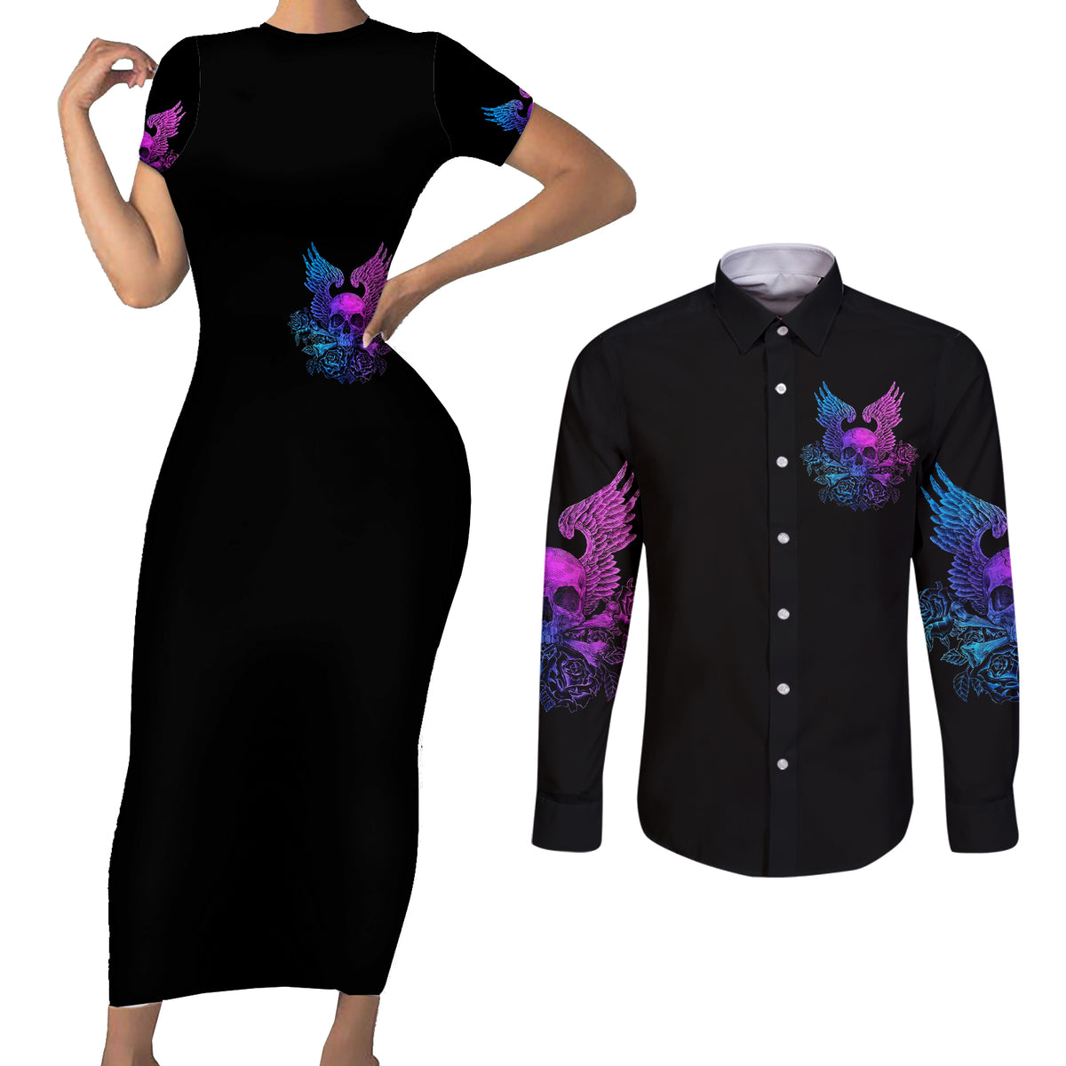 Wings Skull Couples Matching Short Sleeve Bodycon Dress and Long Sleeve Button Shirts Heaven Don't Want Me Hell Afraid I Take Over - Wonder Print Shop