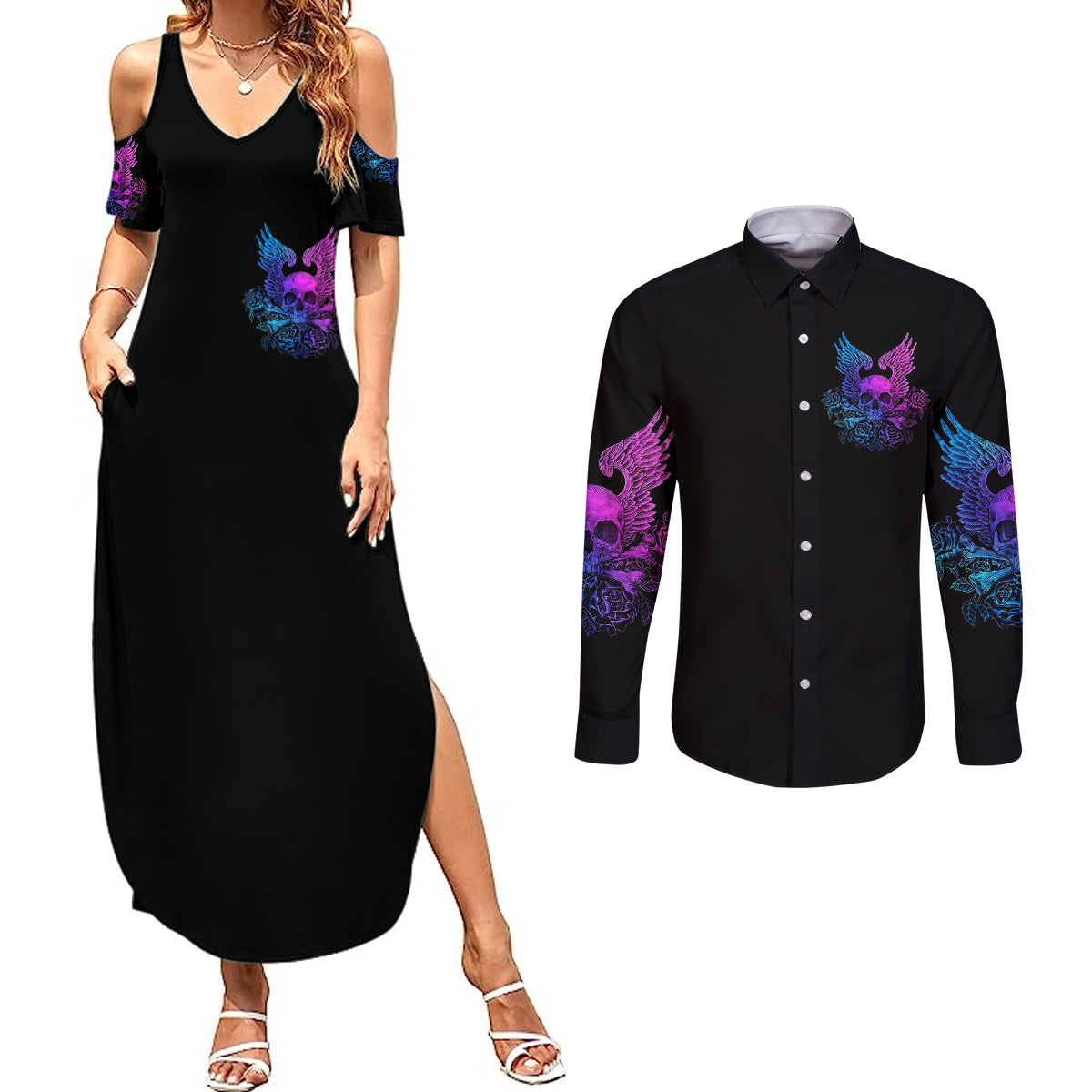 Wings Skull Couples Matching Summer Maxi Dress and Long Sleeve Button Shirts Heaven Don't Want Me Hell Afraid I Take Over - Wonder Print Shop