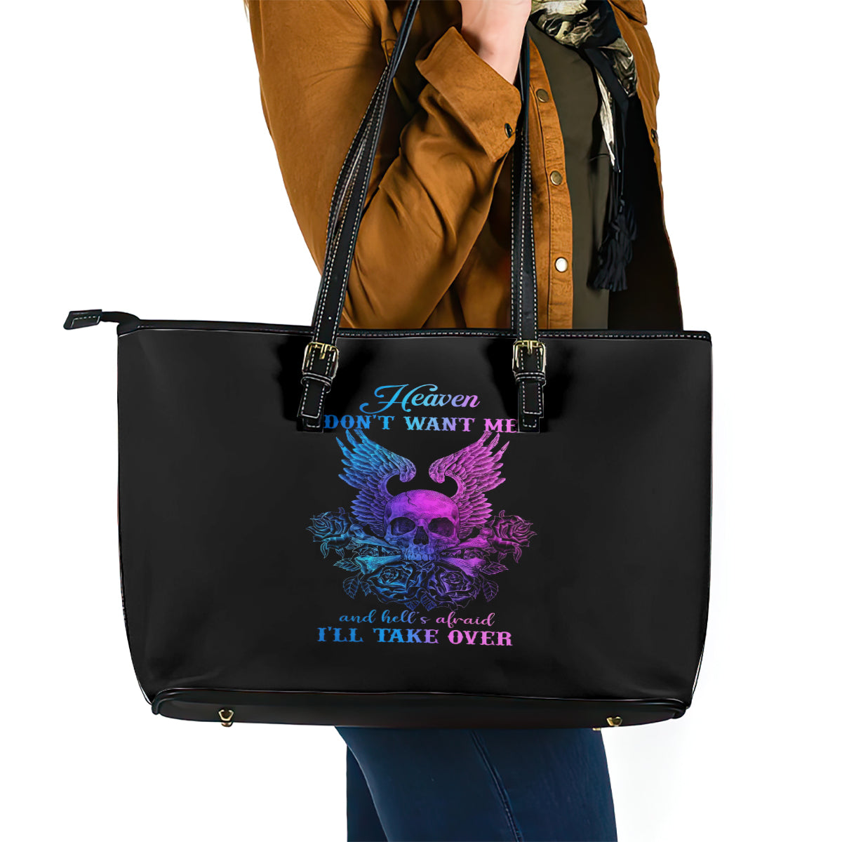 Wings Skull Leather Tote Bag Heaven Don't Want Me Hell Afraid I Take Over - Wonder Print Shop