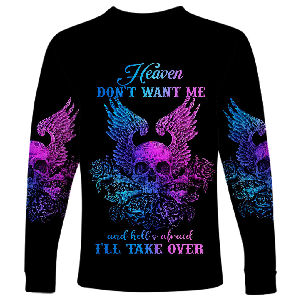 Wings Skull Long Sleeve Shirt Heaven Don't Want Me Hell Afraid I Take Over - Wonder Print Shop