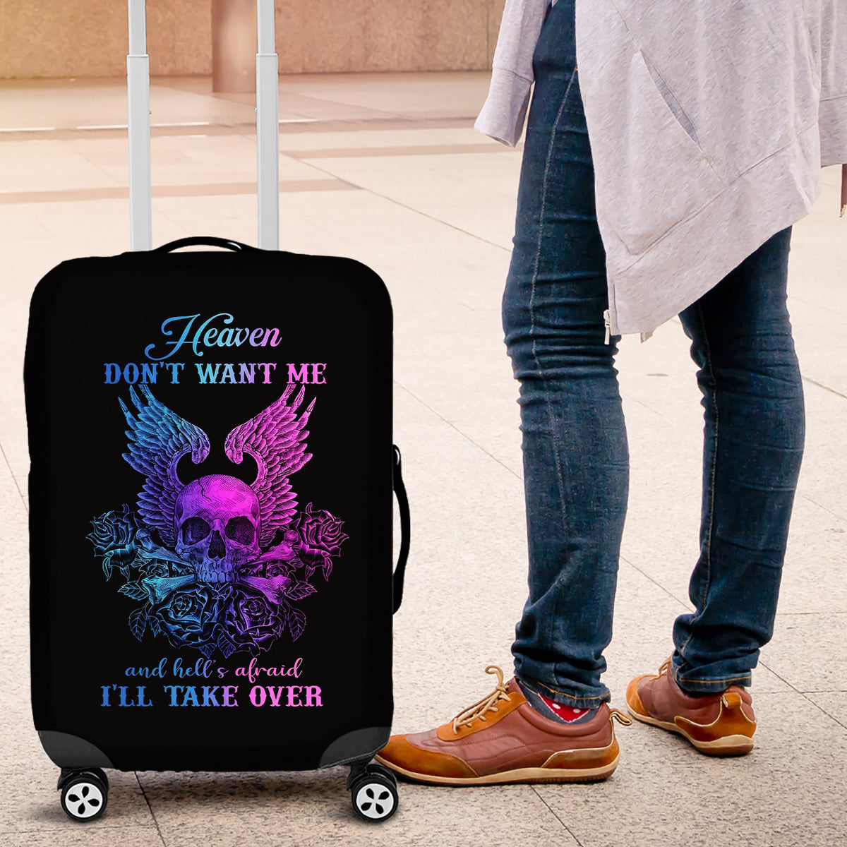 Wings Skull Luggage Cover Heaven Don't Want Me Hell Afraid I Take Over - Wonder Print Shop