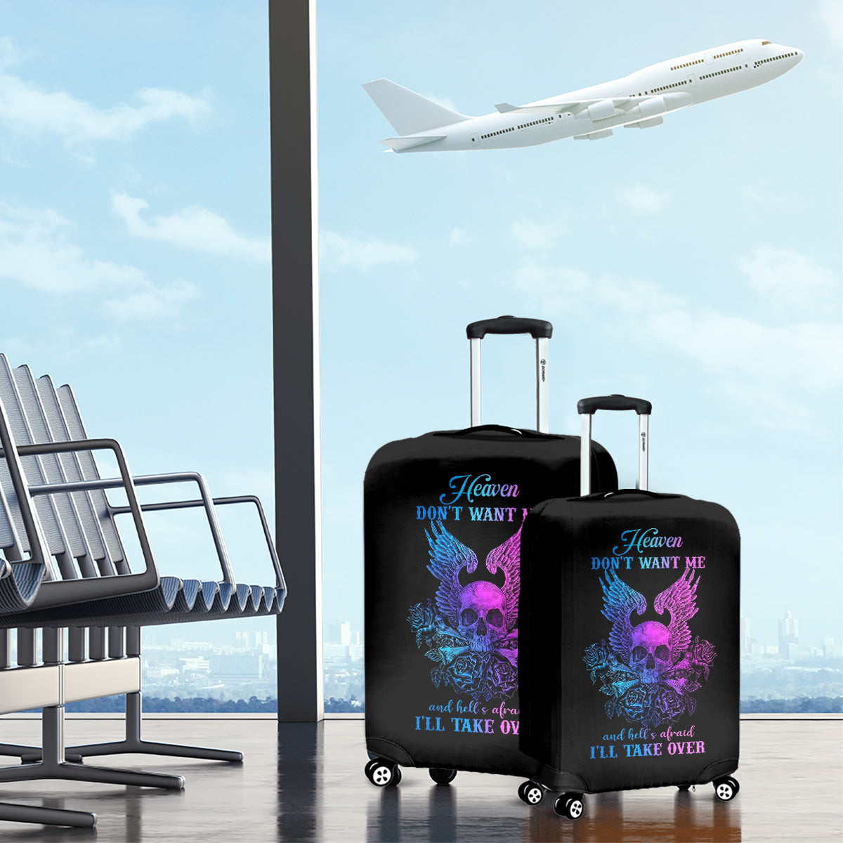 Wings Skull Luggage Cover Heaven Don't Want Me Hell Afraid I Take Over - Wonder Print Shop