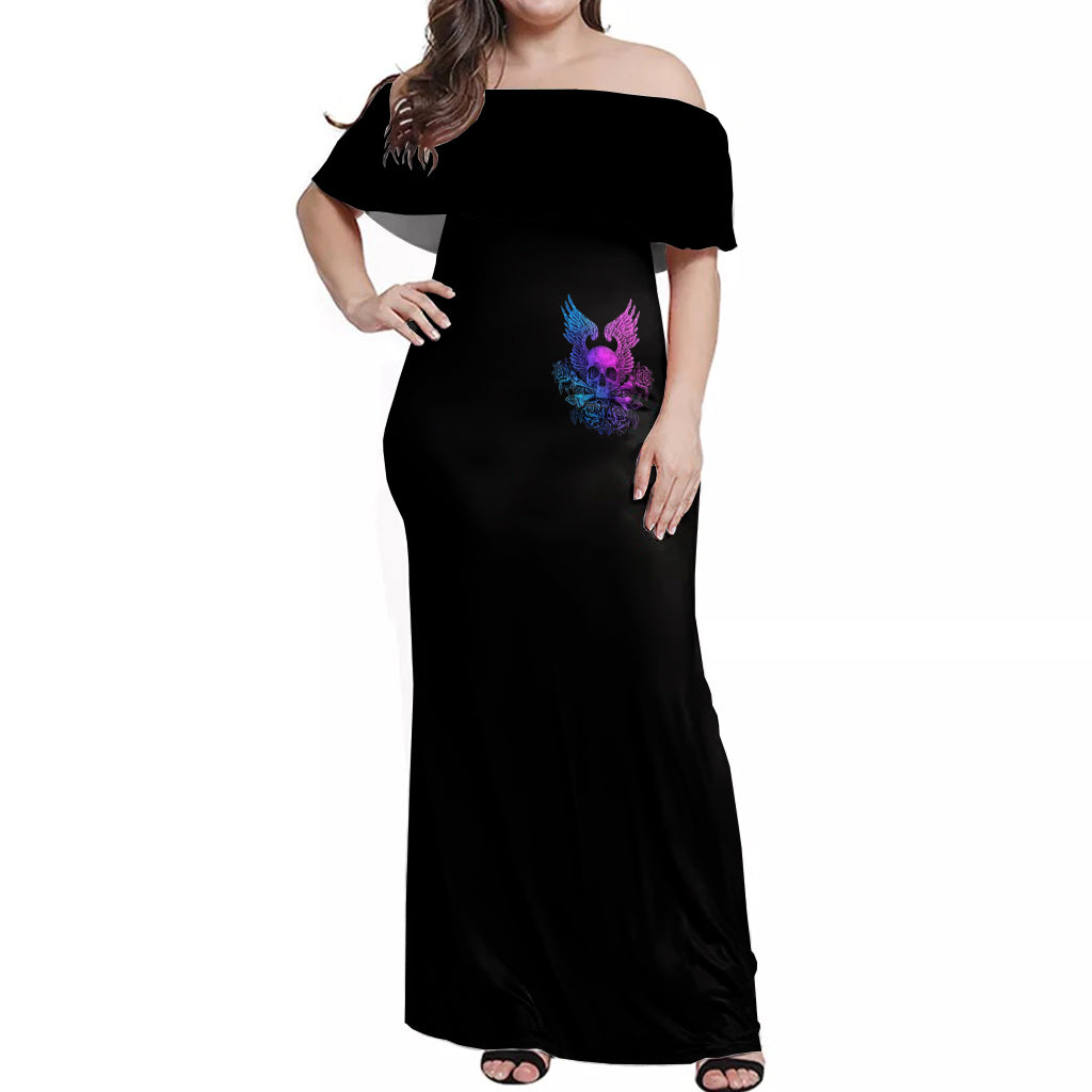 Wings Skull Off Shoulder Maxi Dress Heaven Don't Want Me Hell Afraid I Take Over - Wonder Print Shop