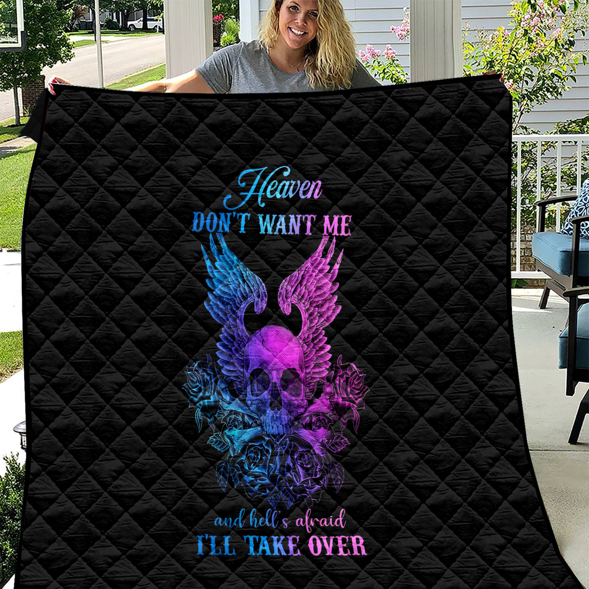 Wings Skull Quilt Heaven Don't Want Me Hell Afraid I Take Over - Wonder Print Shop